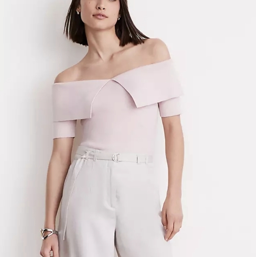LOFT Versa New Foldover Off Shoulder Sweater Mother of Pearl Pink SZ XL Preppy